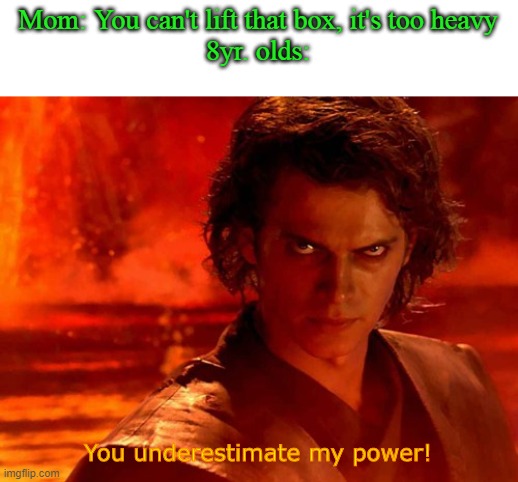 You Underestimate My Power Meme | Mom: You can't lift that box, it's too heavy
8yr. olds:; You underestimate my power! | image tagged in memes,you underestimate my power | made w/ Imgflip meme maker