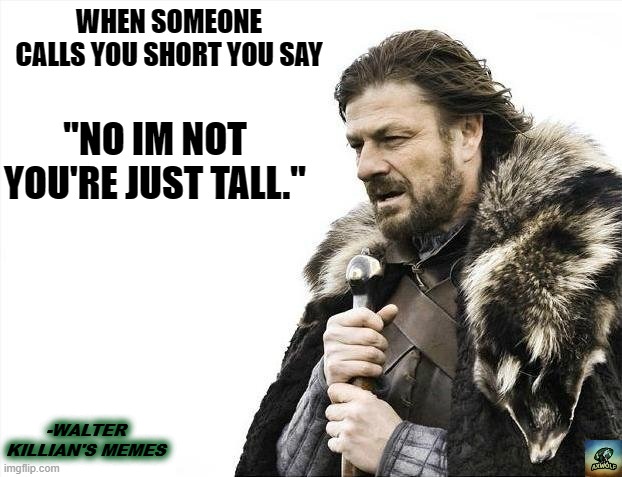 Brace Yourselves X is Coming | WHEN SOMEONE CALLS YOU SHORT YOU SAY; "NO IM NOT YOU'RE JUST TALL."; -WALTER KILLIAN'S MEMES | image tagged in memes,brace yourselves x is coming,tall vs short,-walter killian's memes,little axwolf | made w/ Imgflip meme maker
