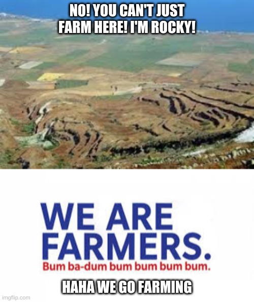 My school forced me to make this "SCHOOL APPROPRIATE" | NO! YOU CAN'T JUST FARM HERE! I'M ROCKY! HAHA WE GO FARMING | image tagged in memes,school | made w/ Imgflip meme maker