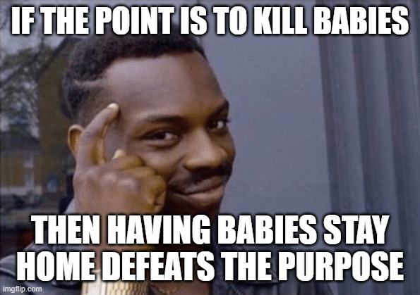 Makes sense | IF THE POINT IS TO KILL BABIES THEN HAVING BABIES STAY HOME DEFEATS THE PURPOSE | image tagged in makes sense | made w/ Imgflip meme maker