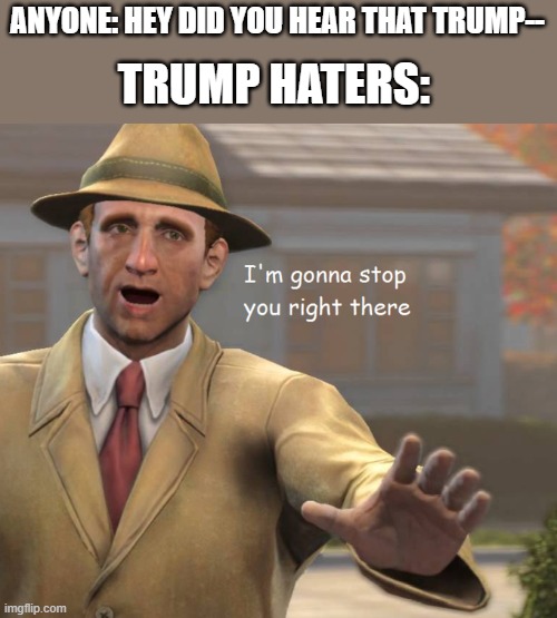 What politics is like in the U.S. | ANYONE: HEY DID YOU HEAR THAT TRUMP--; TRUMP HATERS: | image tagged in im gonna stop you right there,memes,donald trump,politics,today | made w/ Imgflip meme maker