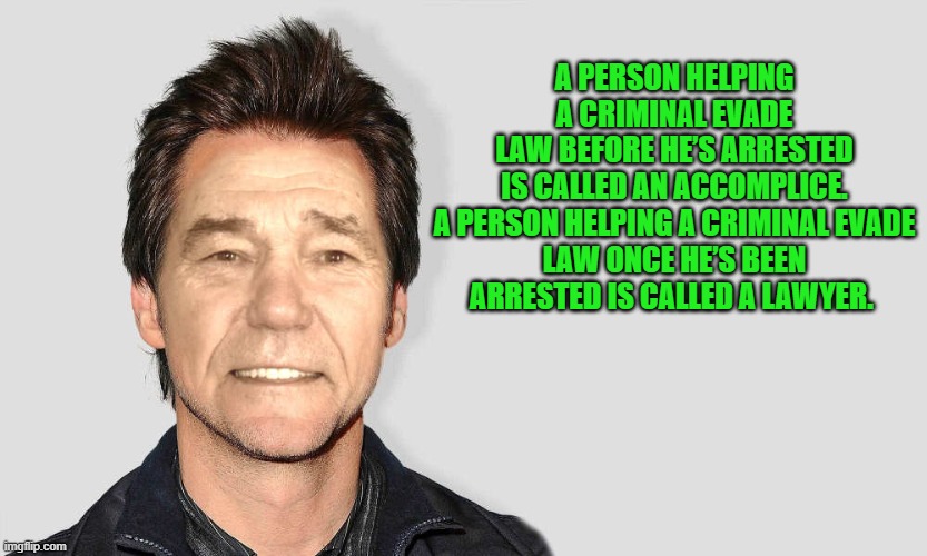 lou carey | A PERSON HELPING A CRIMINAL EVADE LAW BEFORE HE’S ARRESTED IS CALLED AN ACCOMPLICE.

A PERSON HELPING A CRIMINAL EVADE LAW ONCE HE’S BEEN ARRESTED IS CALLED A LAWYER. | image tagged in lou carey | made w/ Imgflip meme maker