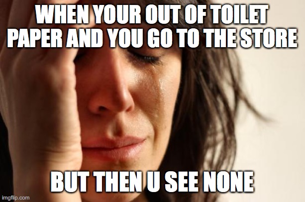 First World Problems | WHEN YOUR OUT OF TOILET PAPER AND YOU GO TO THE STORE; BUT THEN U SEE NONE | image tagged in memes,first world problems | made w/ Imgflip meme maker
