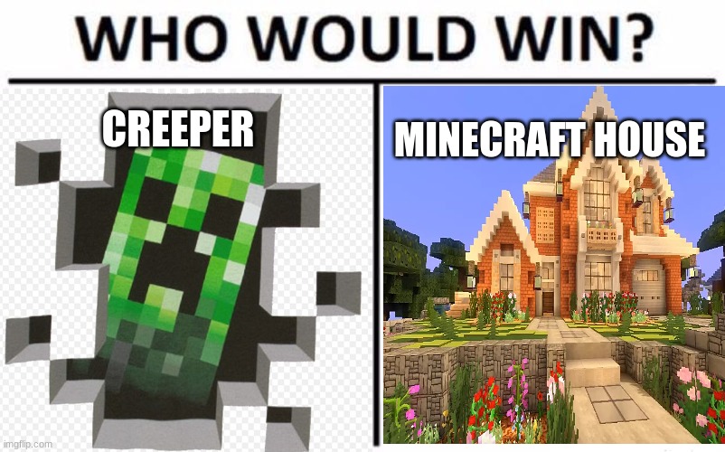 CREEPER; MINECRAFT HOUSE | image tagged in minecraft creeper,minecraft,who would win,gaming,memes | made w/ Imgflip meme maker