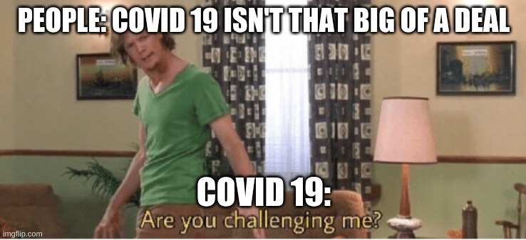 are you challenging me | PEOPLE: COVID 19 ISN'T THAT BIG OF A DEAL; COVID 19: | image tagged in are you challenging me | made w/ Imgflip meme maker