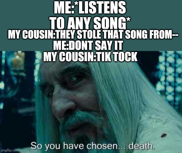 So you have chosen death | ME:*LISTENS TO ANY SONG*; MY COUSIN:THEY STOLE THAT SONG FROM--; ME:DONT SAY IT; MY COUSIN:TIK TOCK | image tagged in so you have chosen death | made w/ Imgflip meme maker
