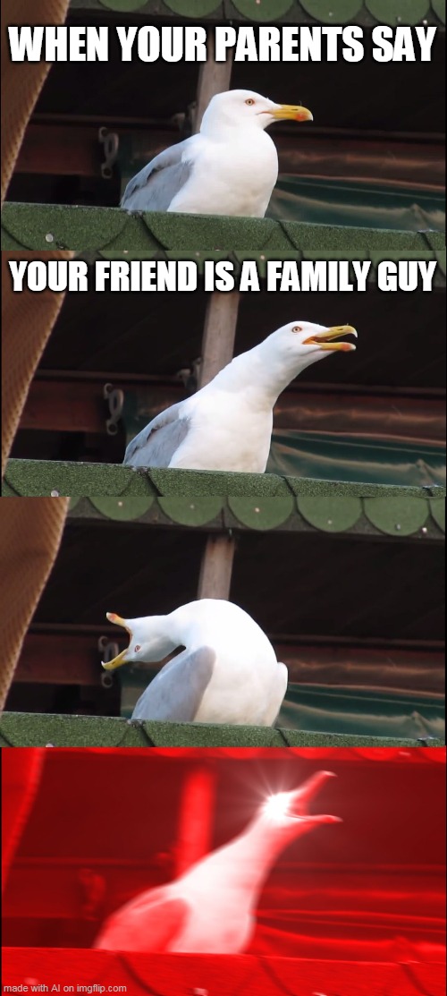 lol so true | WHEN YOUR PARENTS SAY; YOUR FRIEND IS A FAMILY GUY | image tagged in memes,inhaling seagull | made w/ Imgflip meme maker