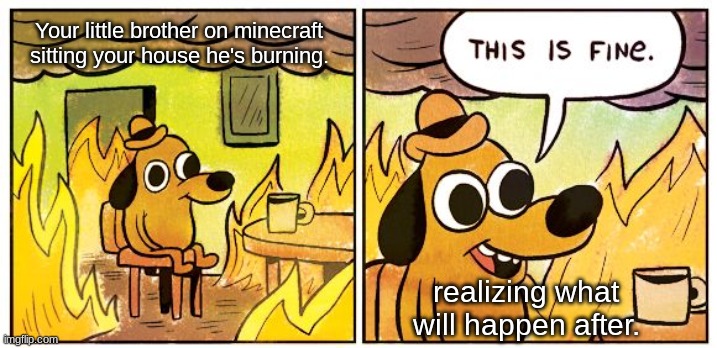 This Is Fine Meme | Your little brother on minecraft sitting your house he's burning. realizing what will happen after. | image tagged in memes,this is fine | made w/ Imgflip meme maker