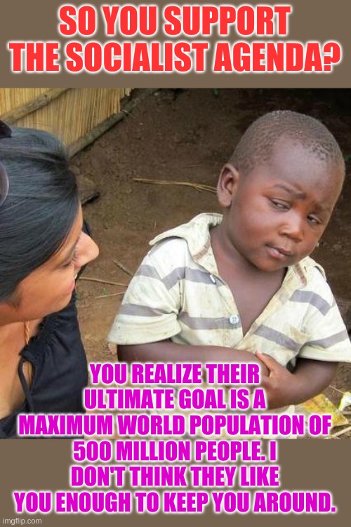 After all most pets produce CO2. But don't worry COVID-19 will thin  the population a little........ | SO YOU SUPPORT THE SOCIALIST AGENDA? YOU REALIZE THEIR ULTIMATE GOAL IS A MAXIMUM WORLD POPULATION OF 500 MILLION PEOPLE. I DON'T THINK THEY LIKE YOU ENOUGH TO KEEP YOU AROUND. | image tagged in memes,third world skeptical kid | made w/ Imgflip meme maker