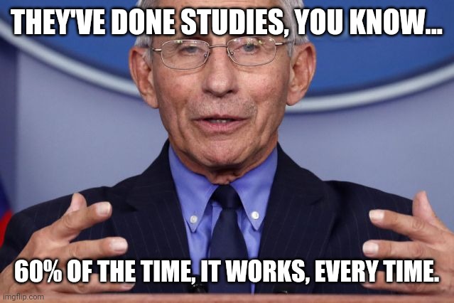Coronavirus | THEY'VE DONE STUDIES, YOU KNOW... 60% OF THE TIME, IT WORKS, EVERY TIME. | image tagged in dr anthony fauci | made w/ Imgflip meme maker