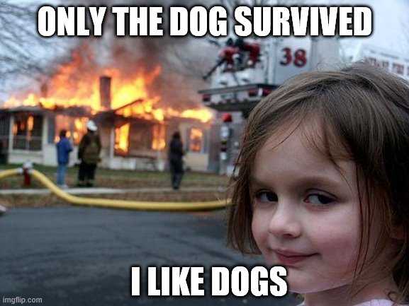 Disaster Girl | ONLY THE DOG SURVIVED; I LIKE DOGS | image tagged in memes,disaster girl | made w/ Imgflip meme maker
