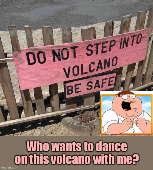 The bird IS the word. | Who wants to dance on this volcano with me? | image tagged in volcano,peter griffin,memes,funny | made w/ Imgflip meme maker