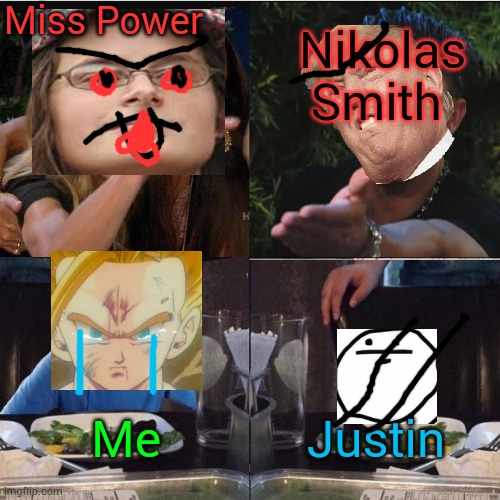 Four panel Taylor Armstrong Pauly D CallmeCarson Cat | Miss Power; Nikolas Smith; Me; Justin | image tagged in four panel taylor armstrong pauly d callmecarson cat | made w/ Imgflip meme maker