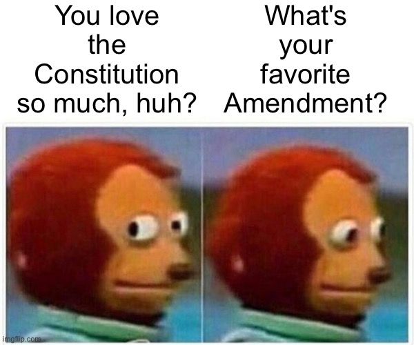 This ever-changing document is what's up | You love the Constitution so much, huh? What's your favorite Amendment? | image tagged in memes,monkey puppet,constitution,changes,amendments,government corruption | made w/ Imgflip meme maker