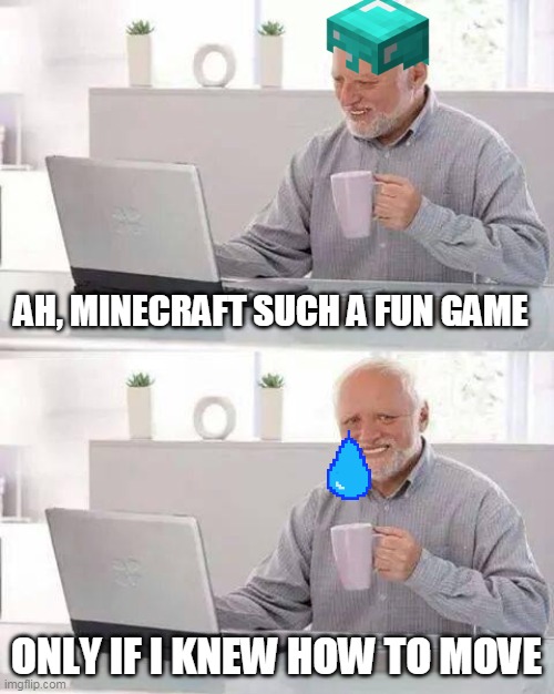 harold plays minecraft | AH, MINECRAFT SUCH A FUN GAME; ONLY IF I KNEW HOW TO MOVE | image tagged in memes,hide the pain harold,minecraft,funny | made w/ Imgflip meme maker