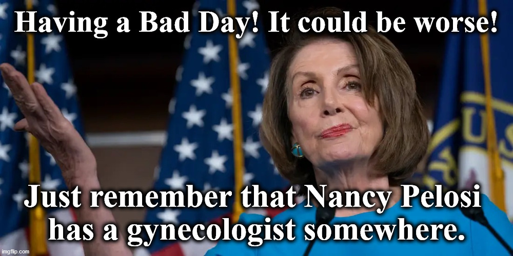 pelosi | Having a Bad Day! It could be worse! Just remember that Nancy Pelosi 
has a gynecologist somewhere. | image tagged in pelosi | made w/ Imgflip meme maker