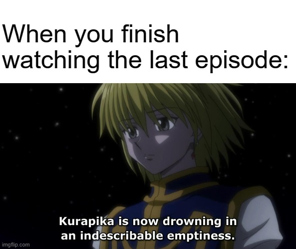 When you finish watching the last episode | When you finish watching the last episode: | image tagged in anime,hxh,hunter x hunter,kurapika,netflix,tv show | made w/ Imgflip meme maker