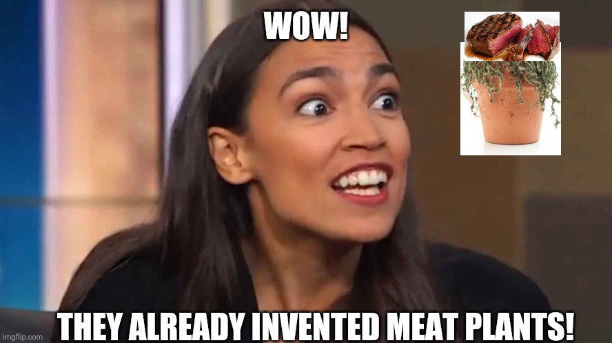 Crazy AOC | WOW! THEY ALREADY INVENTED MEAT PLANTS! | image tagged in crazy aoc | made w/ Imgflip meme maker