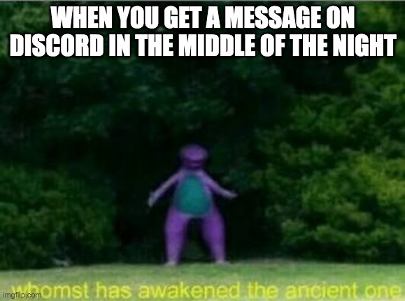 Whomst has awakened the ancient one | WHEN YOU GET A MESSAGE ON DISCORD IN THE MIDDLE OF THE NIGHT | image tagged in whomst has awakened the ancient one | made w/ Imgflip meme maker