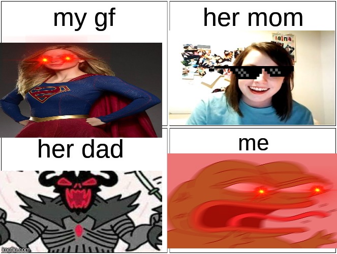 so true | my gf; her mom; me; her dad | image tagged in memes,blank comic panel 2x2 | made w/ Imgflip meme maker