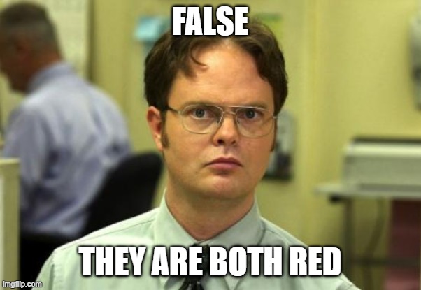 Dwight Schrute Meme | FALSE THEY ARE BOTH RED | image tagged in memes,dwight schrute | made w/ Imgflip meme maker