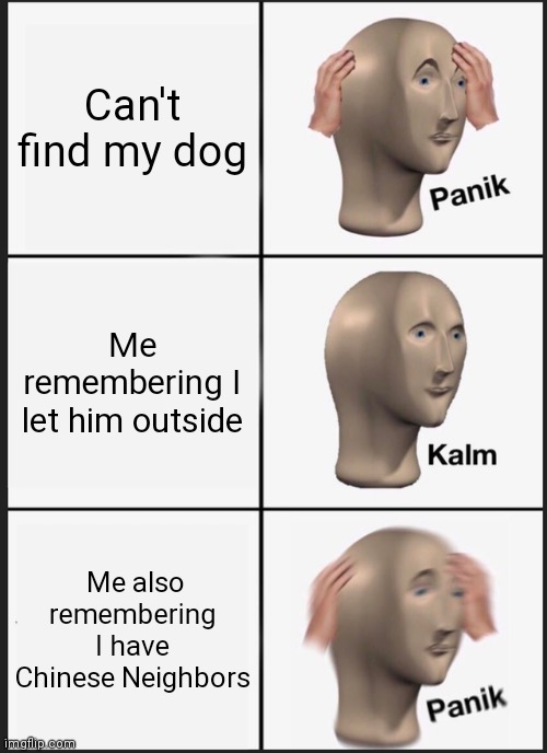 Panik Kalm Panik Meme | Can't find my dog; Me remembering I let him outside; Me also remembering I have Chinese Neighbors | image tagged in memes,panik kalm panik | made w/ Imgflip meme maker