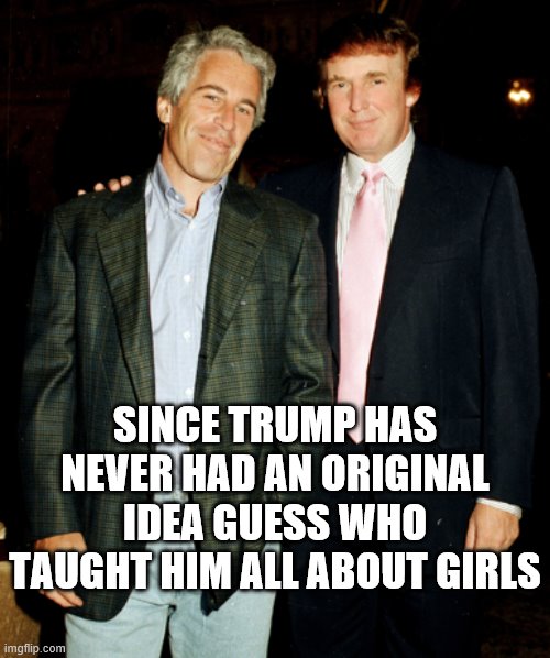 Trump and Epstein | SINCE TRUMP HAS NEVER HAD AN ORIGINAL IDEA GUESS WHO TAUGHT HIM ALL ABOUT GIRLS | image tagged in trump and epstein | made w/ Imgflip meme maker