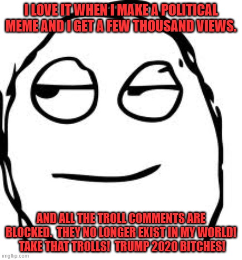 Trolls be gone on IMGFLIP and they are angry their voices are silenced. | I LOVE IT WHEN I MAKE A POLITICAL MEME AND I GET A FEW THOUSAND VIEWS. AND ALL THE TROLL COMMENTS ARE BLOCKED.  THEY NO LONGER EXIST IN MY WORLD!  TAKE THAT TROLLS!  TRUMP 2020 BITCHES! | image tagged in memes,smirk rage face | made w/ Imgflip meme maker