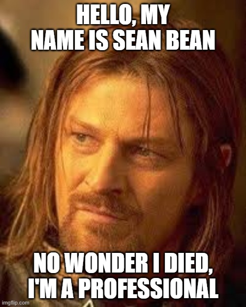 Boromir's knowledge | HELLO, MY NAME IS SEAN BEAN; NO WONDER I DIED, I'M A PROFESSIONAL | image tagged in sean bean lord of the rings | made w/ Imgflip meme maker