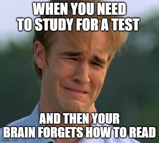 it do be tru tho |  WHEN YOU NEED TO STUDY FOR A TEST; AND THEN YOUR BRAIN FORGETS HOW TO READ | image tagged in memes,1990s first world problems | made w/ Imgflip meme maker