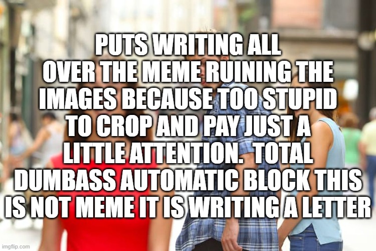 Distracted Boyfriend Meme | PUTS WRITING ALL OVER THE MEME RUINING THE IMAGES BECAUSE TOO STUPID TO CROP AND PAY JUST A LITTLE ATTENTION.  TOTAL DUMBASS AUTOMATIC BLOCK | image tagged in memes,distracted boyfriend | made w/ Imgflip meme maker