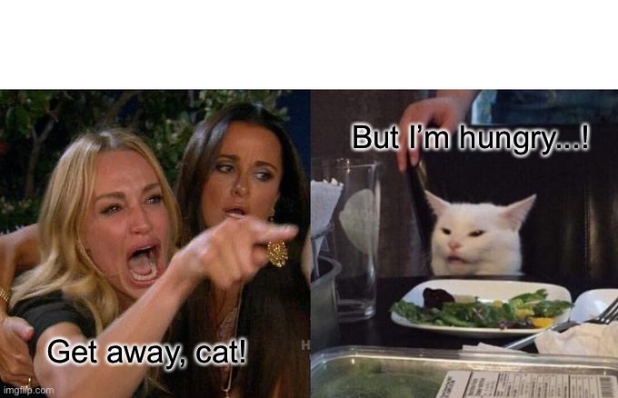 Hungry Cat | But I’m hungry...! Get away, cat! | image tagged in memes,woman yelling at cat,hungry cat,funny cats | made w/ Imgflip meme maker