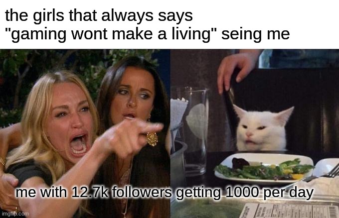 Woman Yelling At Cat Meme | the girls that always says "gaming wont make a living" seing me; me with 12.7k followers getting 1000 per day | image tagged in memes,woman yelling at cat | made w/ Imgflip meme maker