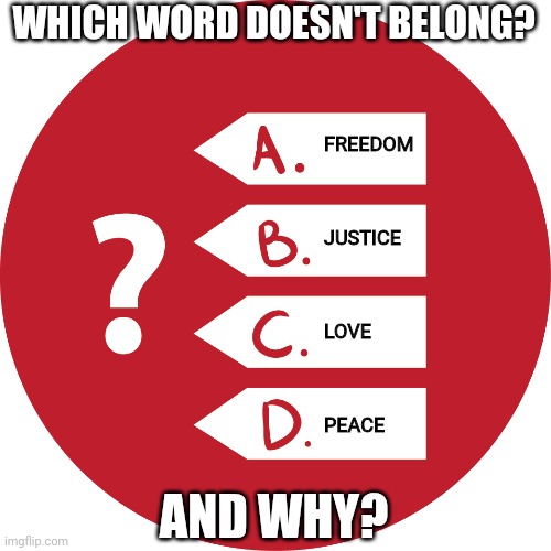 MULTIPLE CHOICE | WHICH WORD DOESN'T BELONG? FREEDOM
 
 
 
JUSTICE
 
 
 
LOVE
 
 
 
PEACE; AND WHY? | image tagged in multiple choice | made w/ Imgflip meme maker
