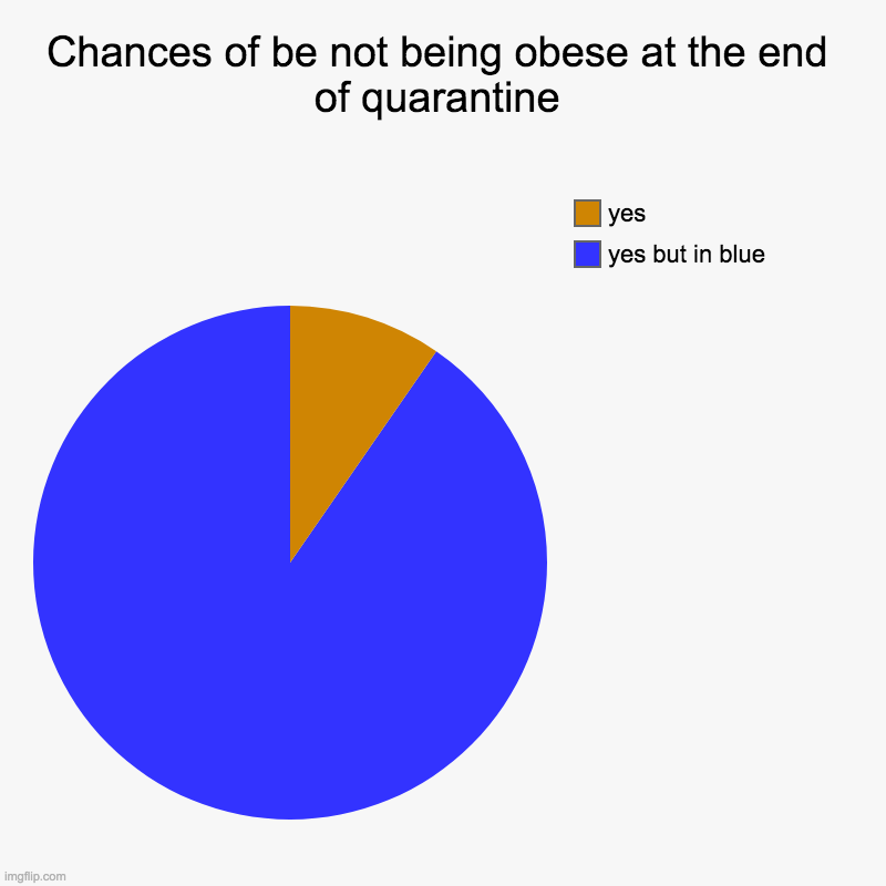 me at the end of quarantine | Chances of be not being obese at the end of quarantine | yes but in blue, yes | image tagged in charts,pie charts | made w/ Imgflip chart maker