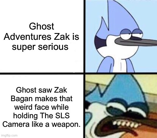 Mordecai | Ghost Adventures Zak is super serious; Ghost saw Zak Bagan makes that weird face while holding The SLS Camera like a weapon. | image tagged in mordecai | made w/ Imgflip meme maker