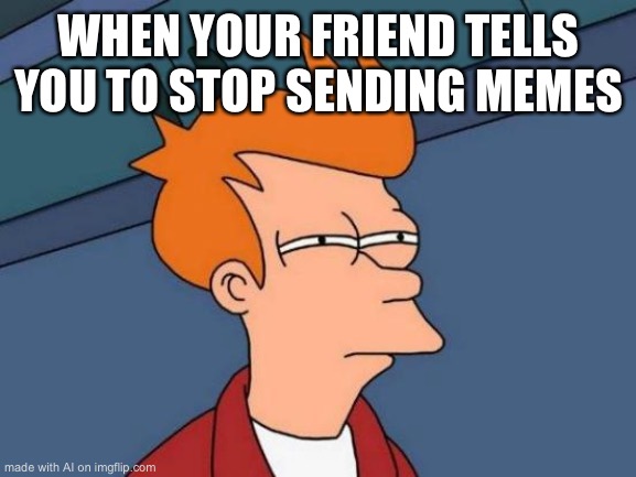 Futurama Fry Meme | WHEN YOUR FRIEND TELLS YOU TO STOP SENDING MEMES | image tagged in memes,futurama fry | made w/ Imgflip meme maker