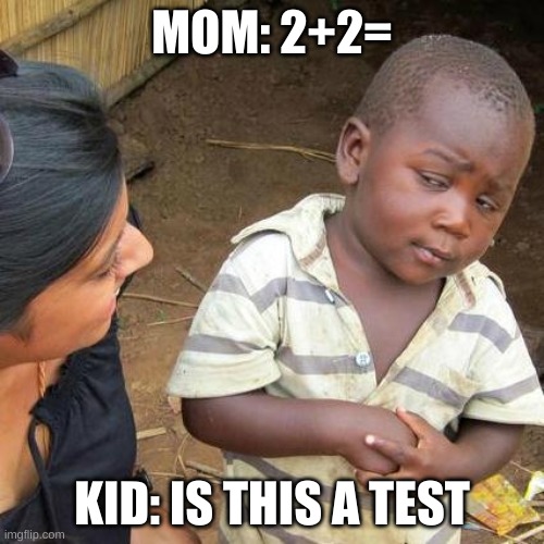 Third World Skeptical Kid Meme | MOM: 2+2=; KID: IS THIS A TEST | image tagged in memes,third world skeptical kid | made w/ Imgflip meme maker