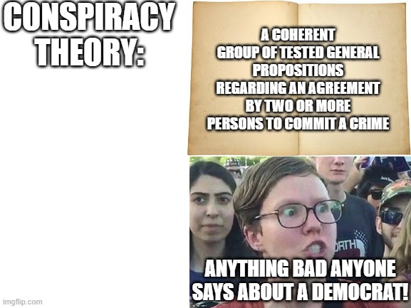 CONSPIRACY THEORY: A COHERENT GROUP OF TESTED GENERAL PROPOSITIONS REGARDING AN AGREEMENT BY TWO OR MORE PERSONS TO COMMIT A CRIME ANYTHING  | made w/ Imgflip meme maker