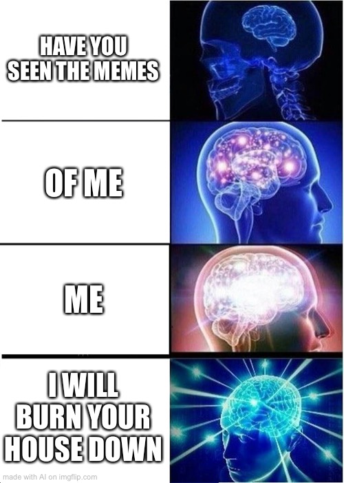 Expanding Brain | HAVE YOU SEEN THE MEMES; OF ME; ME; I WILL BURN YOUR HOUSE DOWN | image tagged in memes,expanding brain | made w/ Imgflip meme maker