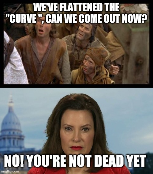 WE'VE FLATTENED THE "CURVE ", CAN WE COME OUT NOW? NO! YOU'RE NOT DEAD YET | image tagged in politics | made w/ Imgflip meme maker