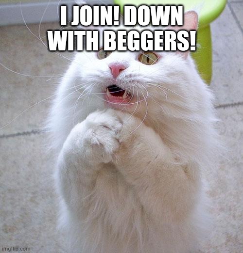 Begging Cat | I JOIN! DOWN WITH BEGGERS! | image tagged in begging cat | made w/ Imgflip meme maker