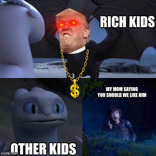 toothless presents himself | RICH KIDS; MY MOM SAYING YOU SHOULD WE LIKE HIM; OTHER KIDS | image tagged in toothless presents himself | made w/ Imgflip meme maker