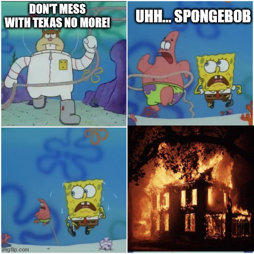 you will not mess with texas, or this happens | UHH... SPONGEBOB; DON'T MESS WITH TEXAS NO MORE! | image tagged in sandy chasing spongebob | made w/ Imgflip meme maker