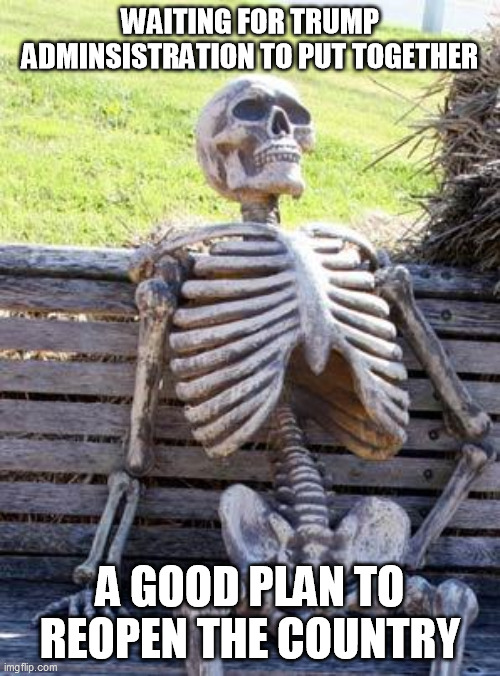Want to go back to work? We need a plan based on data and science that is to be adopted by the states UNIFORMLY. | WAITING FOR TRUMP ADMINSISTRATION TO PUT TOGETHER; A GOOD PLAN TO REOPEN THE COUNTRY | image tagged in memes,waiting skeleton | made w/ Imgflip meme maker