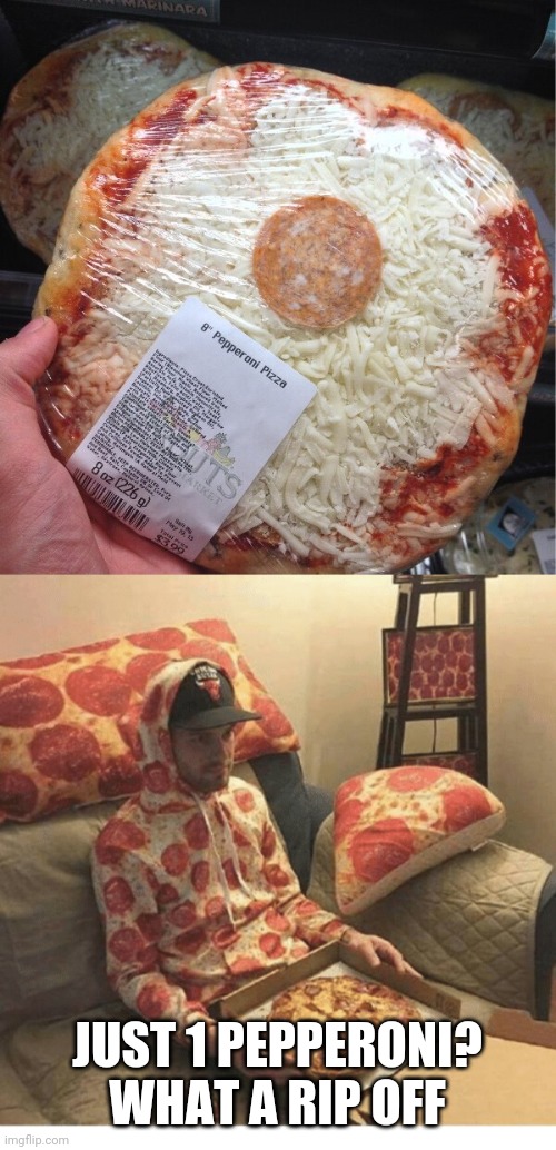PIZZA FAIL | JUST 1 PEPPERONI?
WHAT A RIP OFF | image tagged in pizza,memes,fail,pizza time | made w/ Imgflip meme maker