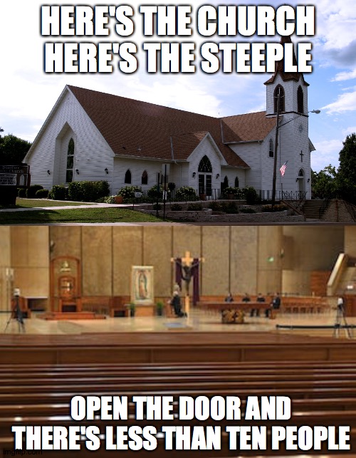 HERE'S THE CHURCH HERE'S THE STEEPLE; OPEN THE DOOR AND THERE'S LESS THAN TEN PEOPLE | image tagged in empty church corona virus | made w/ Imgflip meme maker