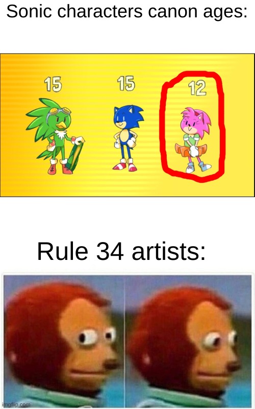 Age is just a number, jail is just a place. | Sonic characters canon ages:; Rule 34 artists: | image tagged in memes,monkey puppet | made w/ Imgflip meme maker