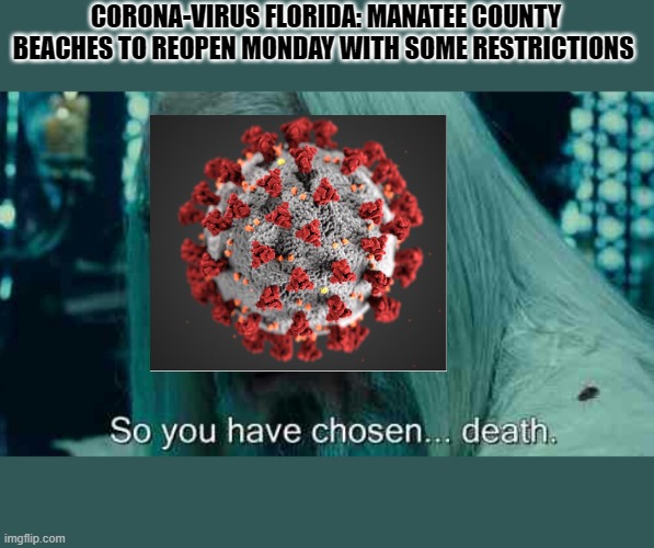 So you have chosen death | CORONA-VIRUS FLORIDA: MANATEE COUNTY BEACHES TO REOPEN MONDAY WITH SOME RESTRICTIONS | image tagged in so you have chosen death | made w/ Imgflip meme maker