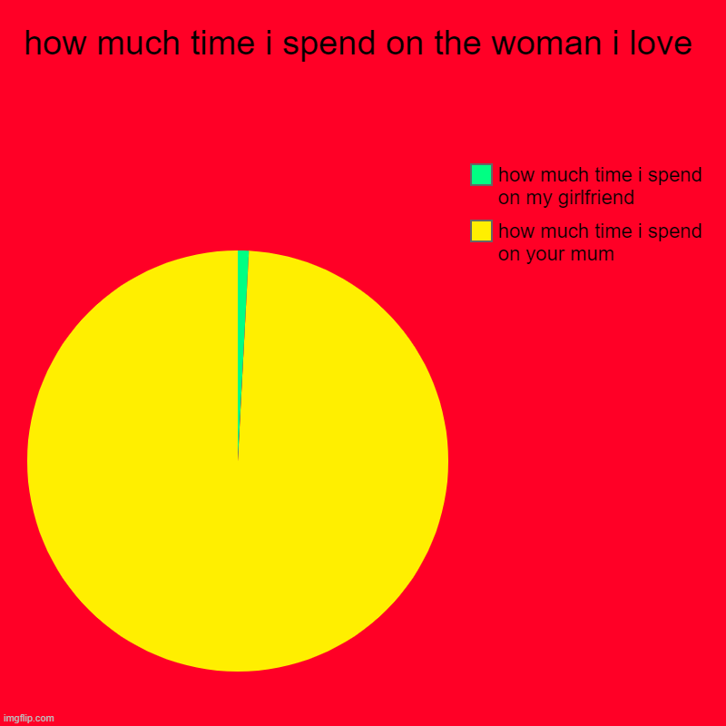 how much i love ur mum | how much time i spend on the woman i love | how much time i spend on your mum, how much time i spend on my girlfriend | image tagged in charts,pie charts,memes,funny memes | made w/ Imgflip chart maker